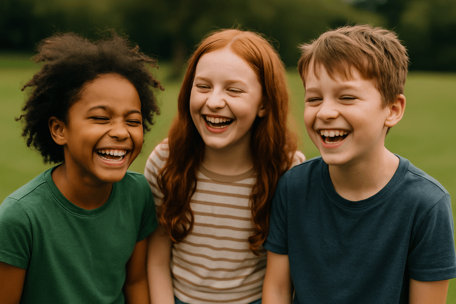 Three children laughing together outdoors
